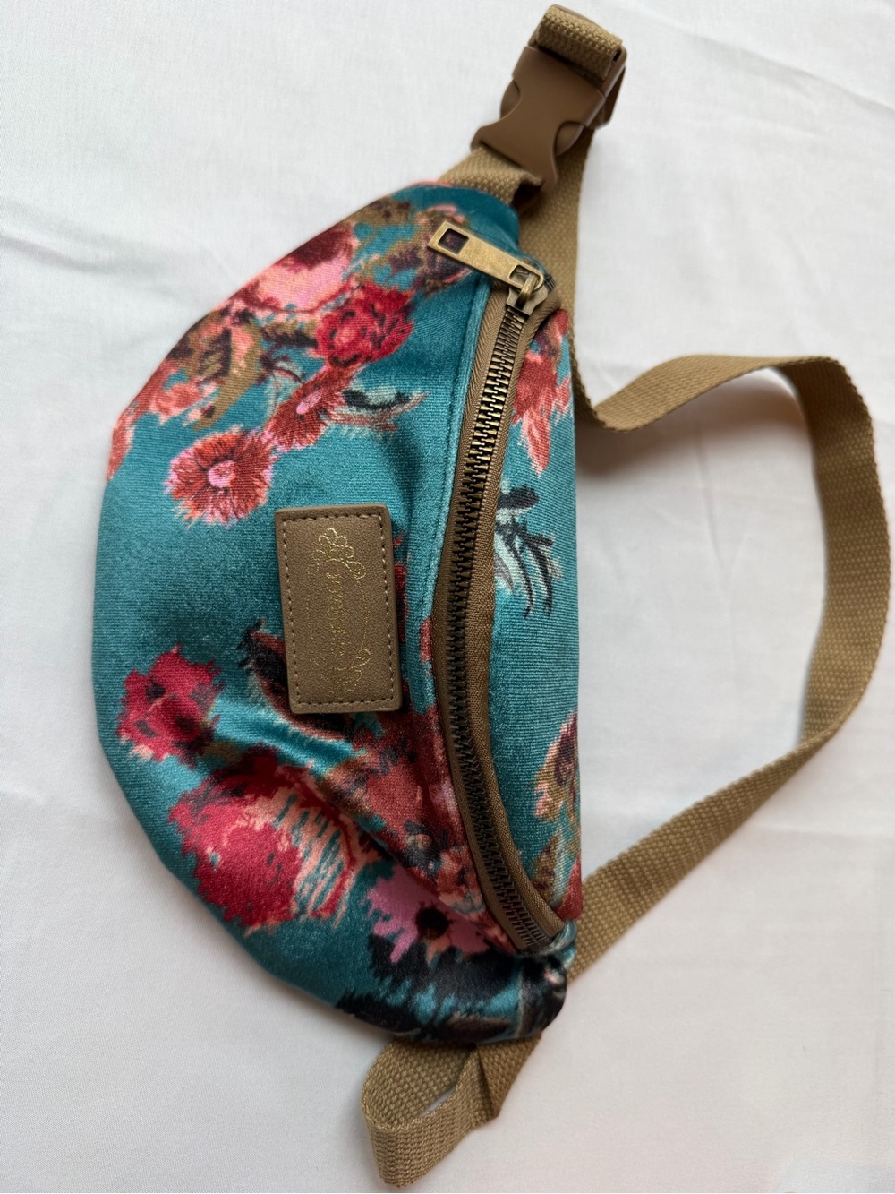 Joyfolie Teal Floral Crossbody Belt Bag with Tan Strap